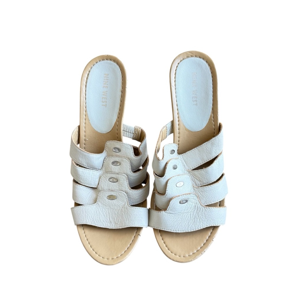 Nine West Womens White Leather Slide Brown Size 10 Wood Sandals *Flaw*